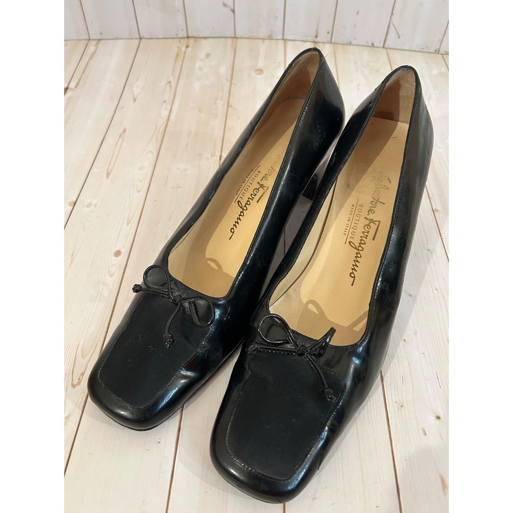 Salvatore Ferragamo Patent Leather Black Square Toe Lace Tie Slip On Shoes Sz 8B